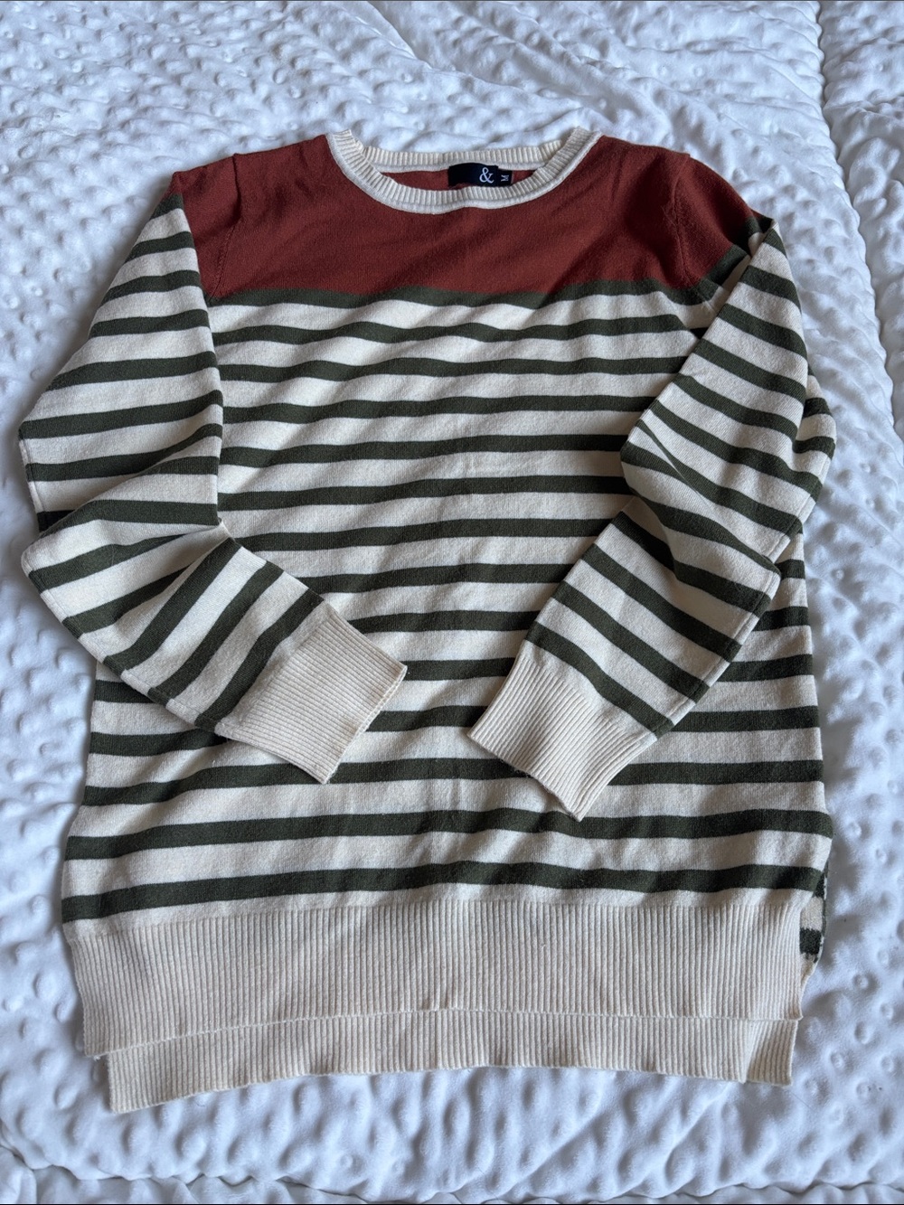 2-$30 or 1-$20 Ampersand Striped Crewneck Sweater - Cream, Olive & Rust